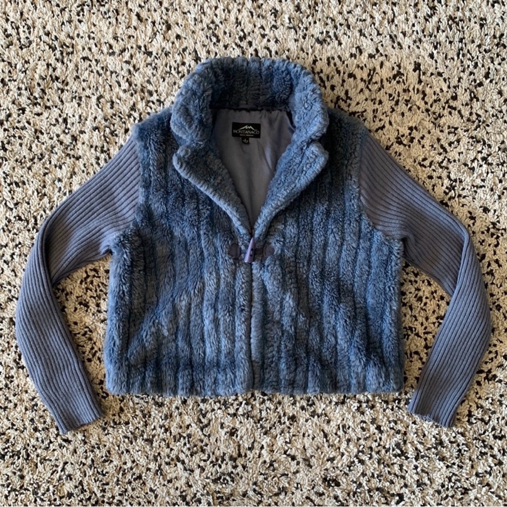 Northside Plush Blue Faux Fur Knit-Sleeve Jacket - Women's